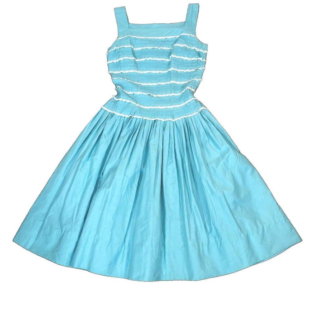 1950s Tailored Junior Dress Blue fit & flare full pleated skirts 8/XS Lace Trim